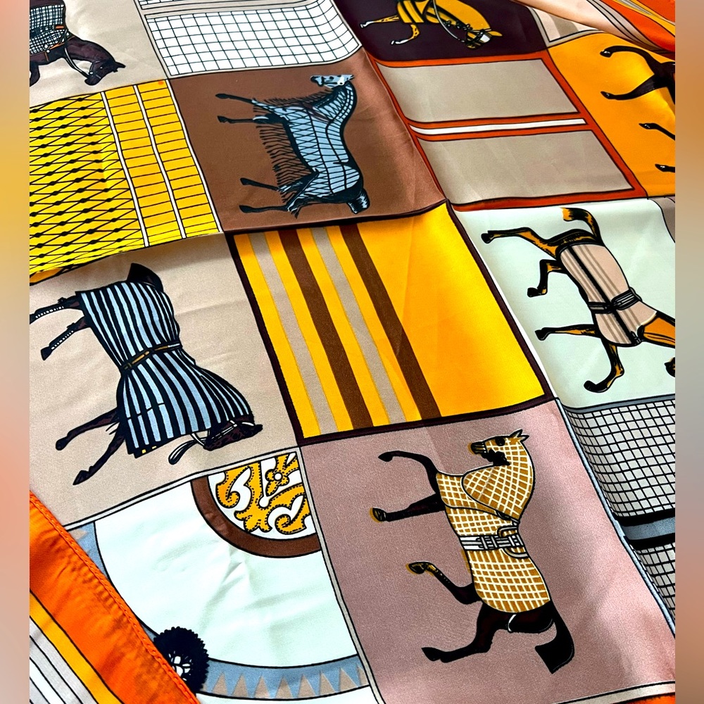 Beautiful designer horse gold and orange silk scarf